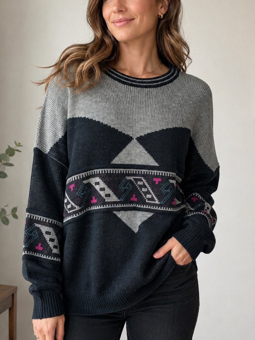 Vintage Michael Gerald Grandpa Sweater L Black Gray Geometric 80s 90s Retro Knit